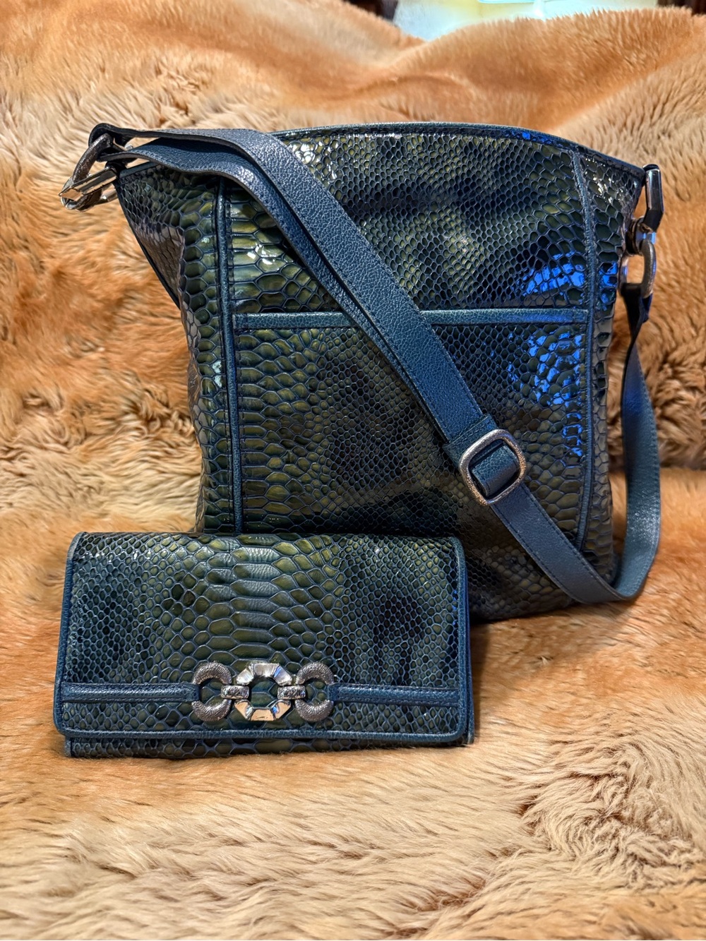Vintage Brighton Emerald Python Embossed Leather Crossbody Bag & Wallet Set